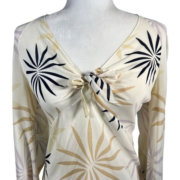Elie Tahari Silk blend Abstract Leaf Print Tie-front Blouse Size Medium - Picture 2 of 12